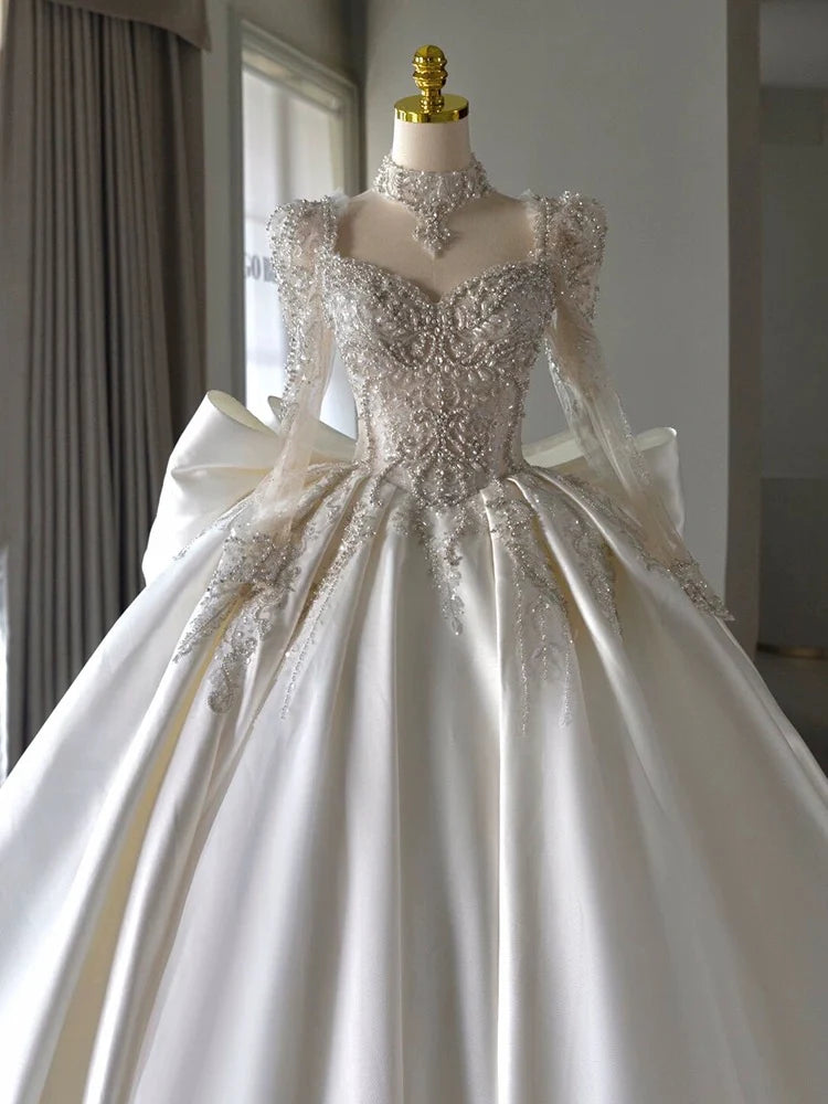 Buyishang Chic Ball Gown Sweetheart White Long Sleeves Satin Wedding Dresses With Beads Bow dress for wedding
