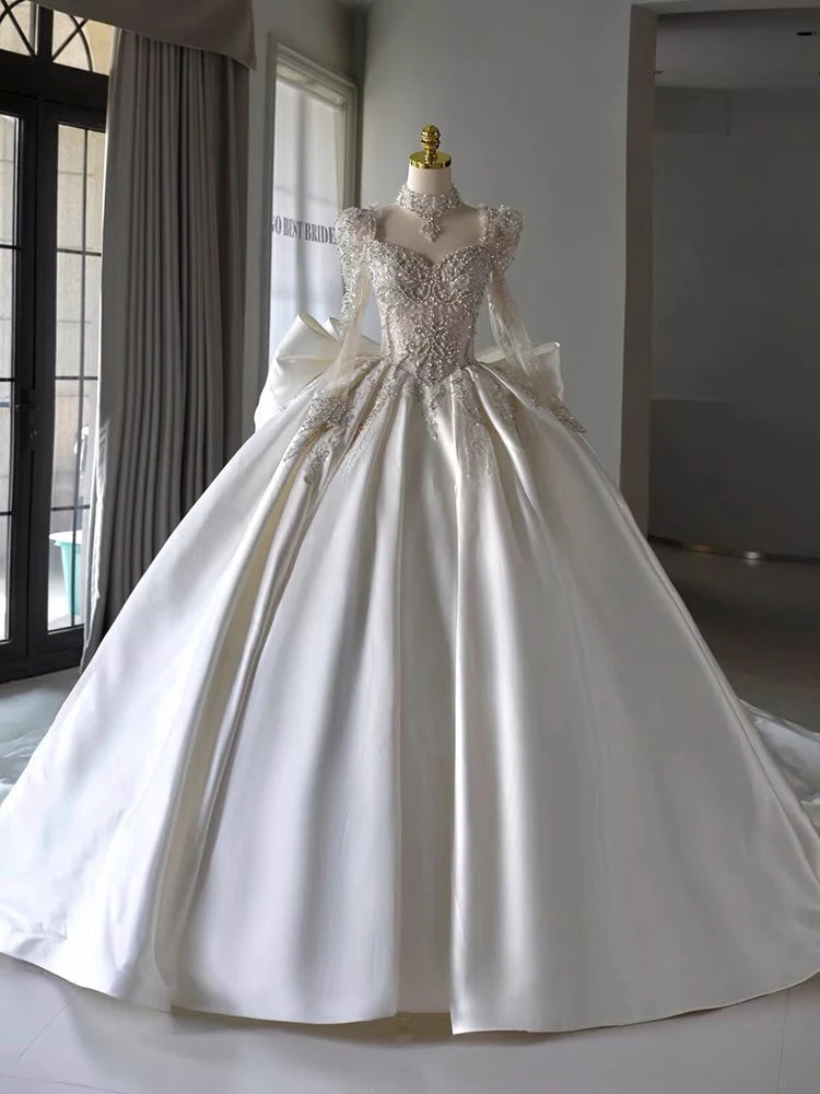 Buyishang Chic Ball Gown Sweetheart White Long Sleeves Satin Wedding Dresses With Beads Bow dress for wedding