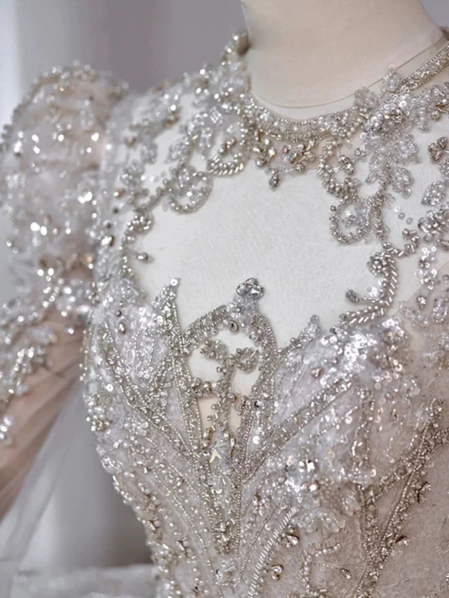 Buyishang Chic Ball Gown Scoop White Long Sleeves Sequin Wedding Dresses With Beads Buttons dress for wedding