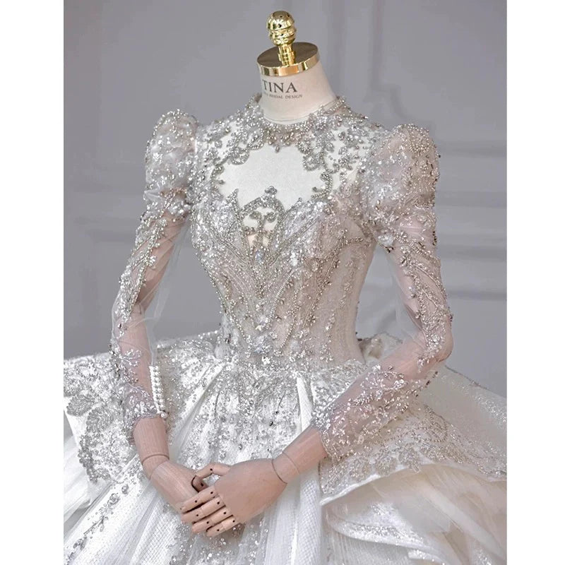 Buyishang Chic Ball Gown Scoop White Long Sleeves Sequin Wedding Dresses With Beads Buttons dress for wedding