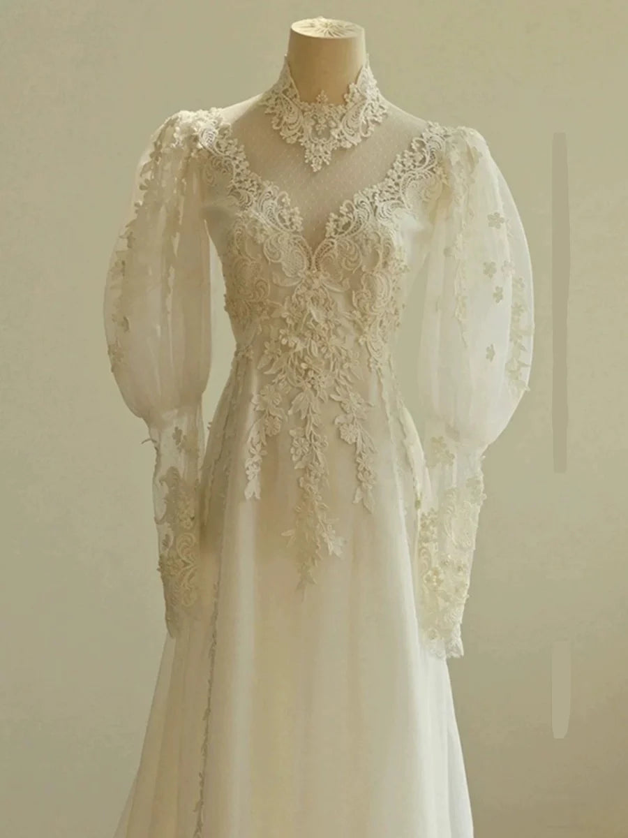 Buyishang Chic A line Scoop White Long Puffy Sleeves Lace Wedding Dresses With Appliques dress for wedding