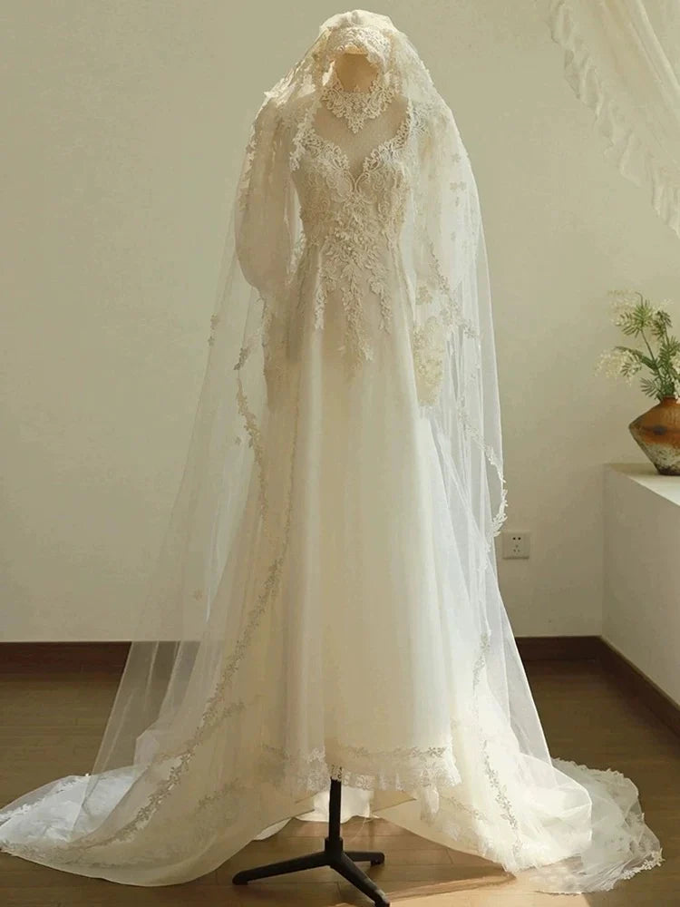 Buyishang Chic A line Scoop White Long Puffy Sleeves Lace Wedding Dresses With Appliques dress for wedding