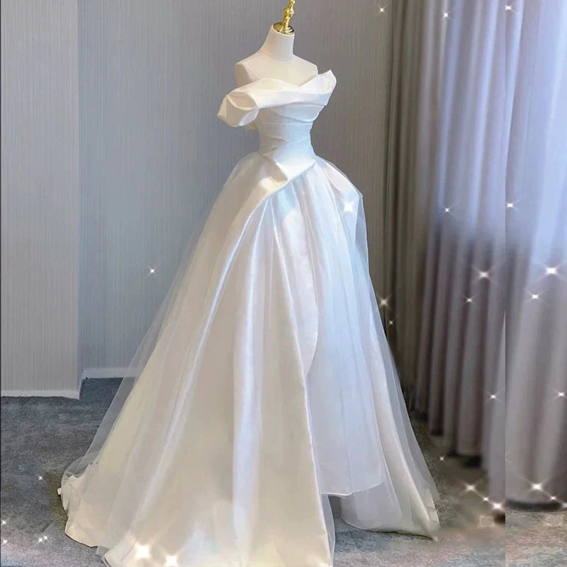 Buyishang Sexy Ball Gown Off The Shoulder Satin Long White Wedding Dresses With Ruffles dress for wedding