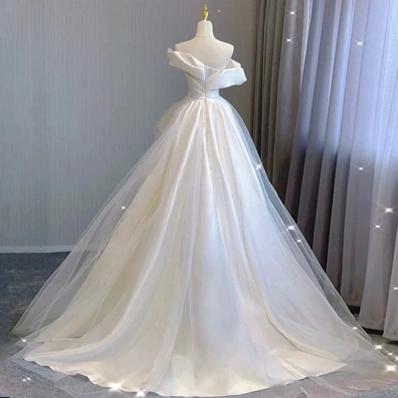 Buyishang Sexy Ball Gown Off The Shoulder Satin Long White Wedding Dresses With Ruffles dress for wedding