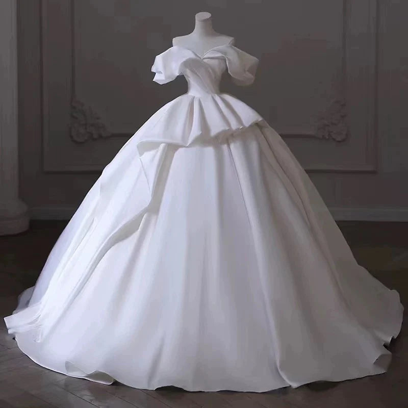 Buyishang Timeless Ball Gown Off The Shoulder Satin Long White Wedding Dresses With Ruffles dress for wedding