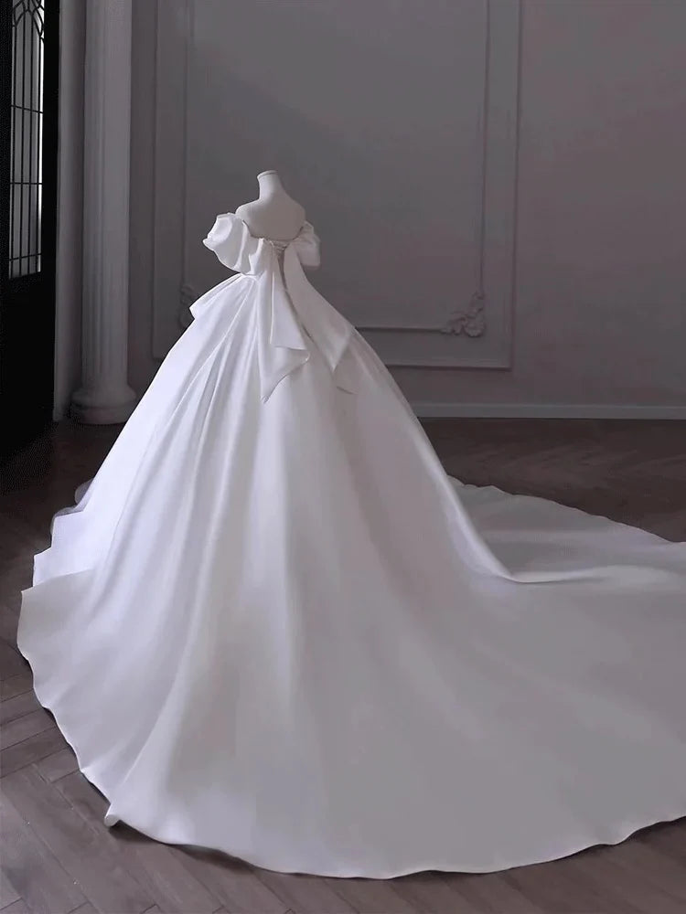 Buyishang Timeless Ball Gown Off The Shoulder Satin Long White Wedding Dresses With Ruffles dress for wedding