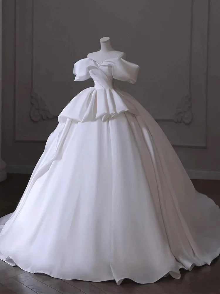 Buyishang Timeless Ball Gown Off The Shoulder Satin Long White Wedding Dresses With Ruffles dress for wedding
