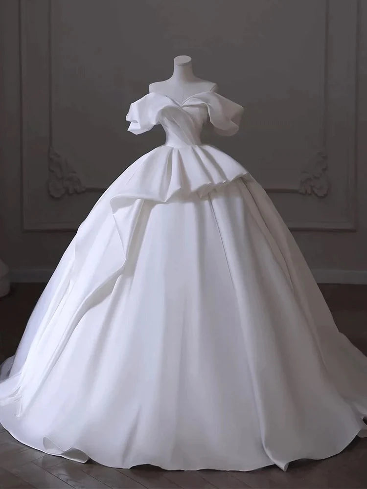 Buyishang Timeless Ball Gown Off The Shoulder Satin Long White Wedding Dresses With Ruffles dress for wedding