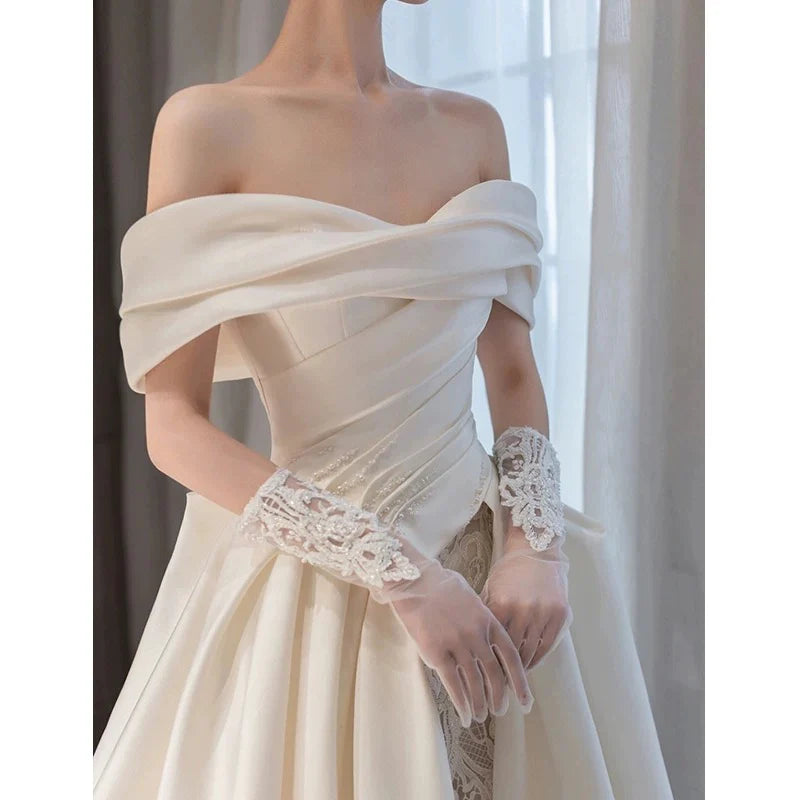 Buyishang Timeless Ball Gown Off The Shoulder Satin Long White Wedding Dresses With Lace dress for wedding