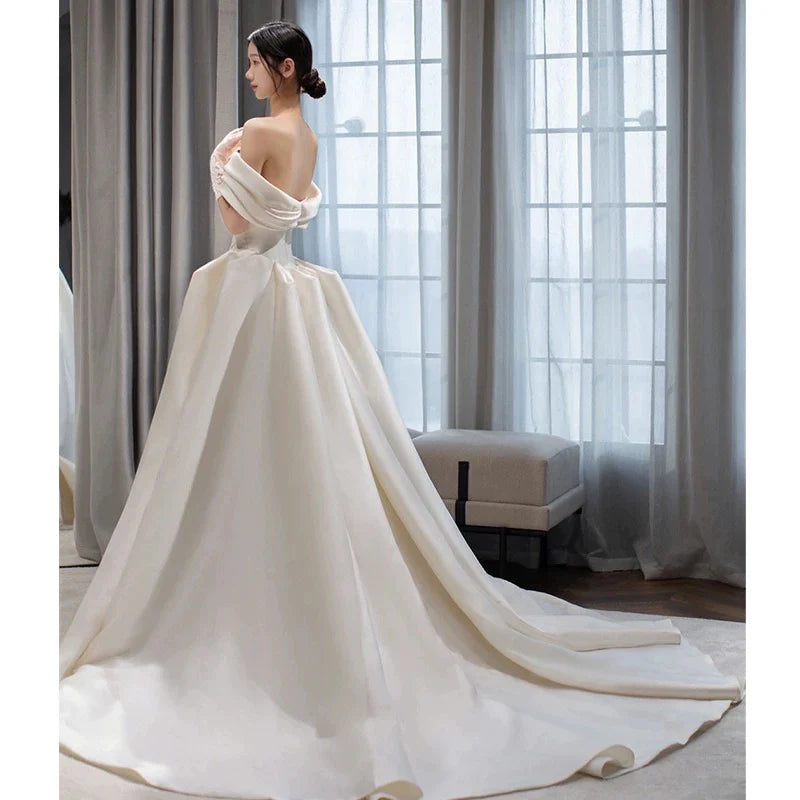 Buyishang Timeless Ball Gown Off The Shoulder Satin Long White Wedding Dresses With Lace dress for wedding