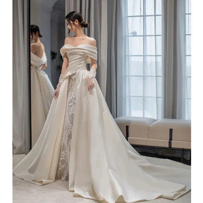 Buyishang Timeless Ball Gown Off The Shoulder Satin Long White Wedding Dresses With Lace dress for wedding