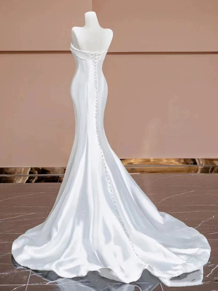 Buyishang Timeless Mermaid Strapless Satin Long White Wedding Dresses With Buttons dress for wedding