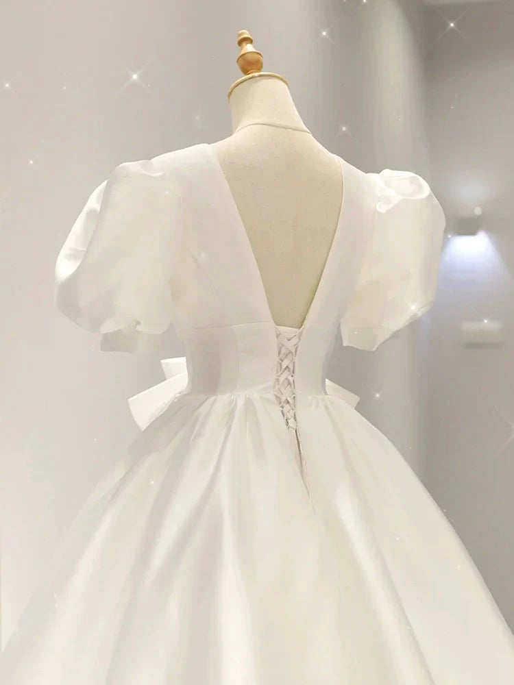 Buyishang Simple Ball Gown V Neckline Short Sleeves White Satin Wedding Dresses With Bow dress for wedding