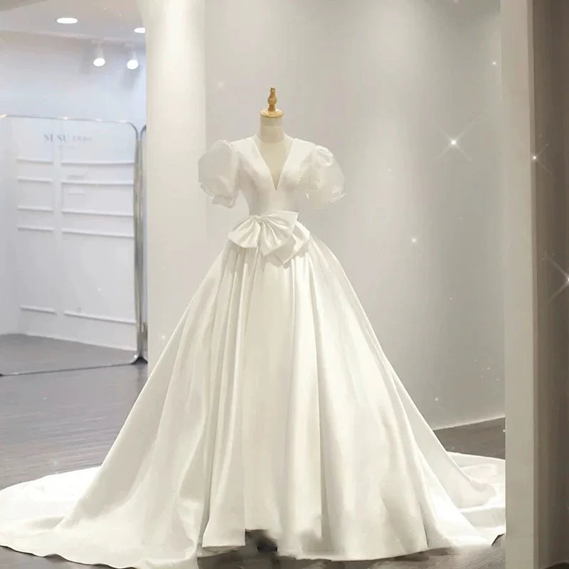 Buyishang Simple Ball Gown V Neckline Short Sleeves White Satin Wedding Dresses With Bow dress for wedding