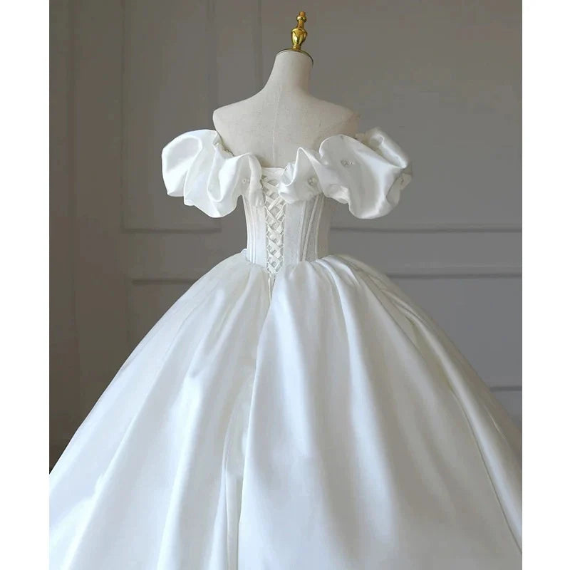 Buyishang Simple Ball Gown Off The Shoulder Short Sleeves White Satin Wedding Dresses With Beads dress for wedding