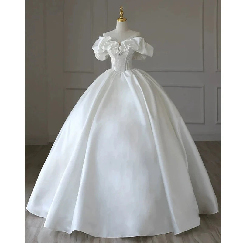 Buyishang Simple Ball Gown Off The Shoulder Short Sleeves White Satin Wedding Dresses With Beads dress for wedding