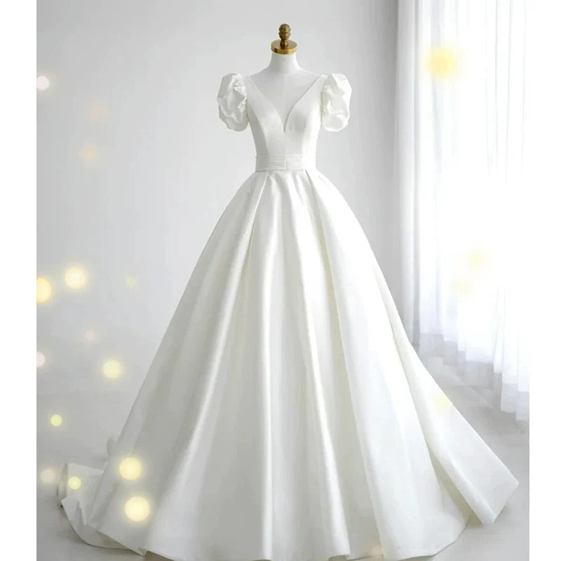 Buyishang Simple Ball Gown V Neckline Short Sleeves White Satin Wedding Dresses dress for wedding