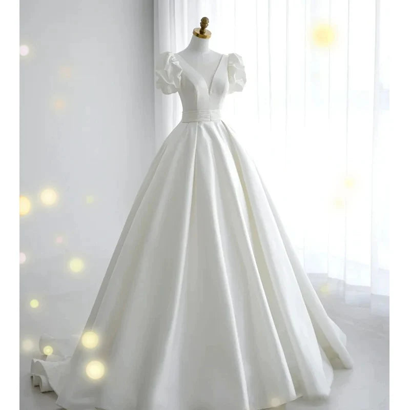 Buyishang Simple Ball Gown V Neckline Short Sleeves White Satin Wedding Dresses dress for wedding
