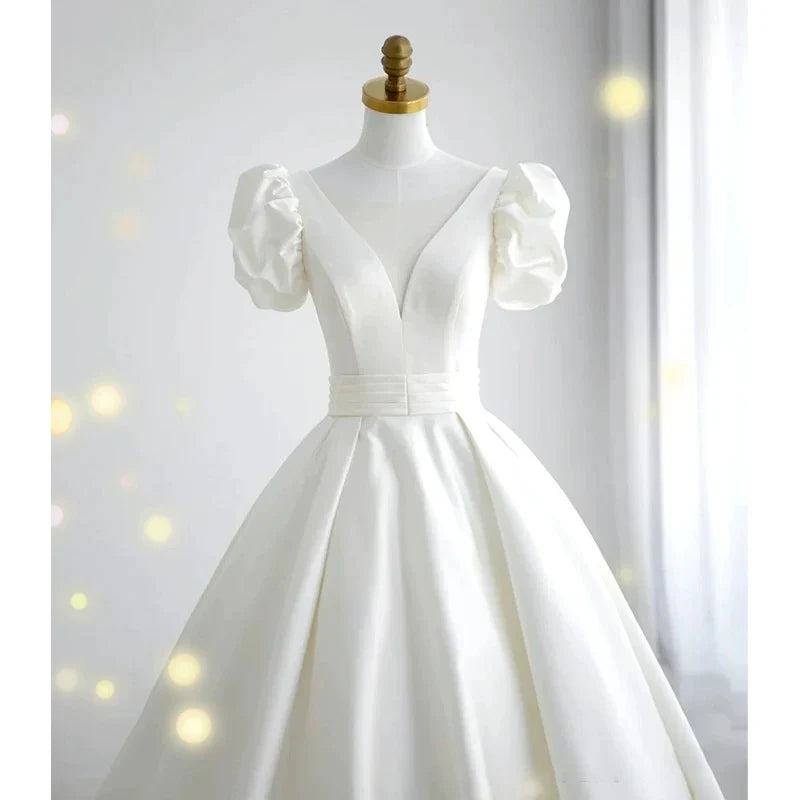 Buyishang Simple Ball Gown V Neckline Short Sleeves White Satin Wedding Dresses dress for wedding