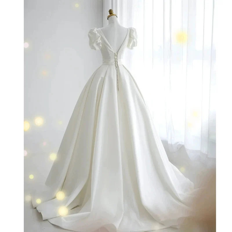 Buyishang Simple Ball Gown V Neckline Short Sleeves White Satin Wedding Dresses dress for wedding
