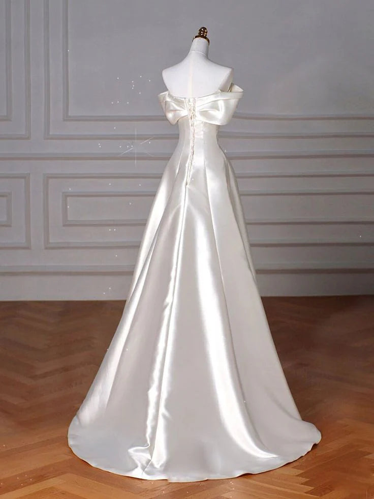 Buyishang Timeless A-Line Off Shoulder Satin Wedding Dresses With Ruffles dress for wedding