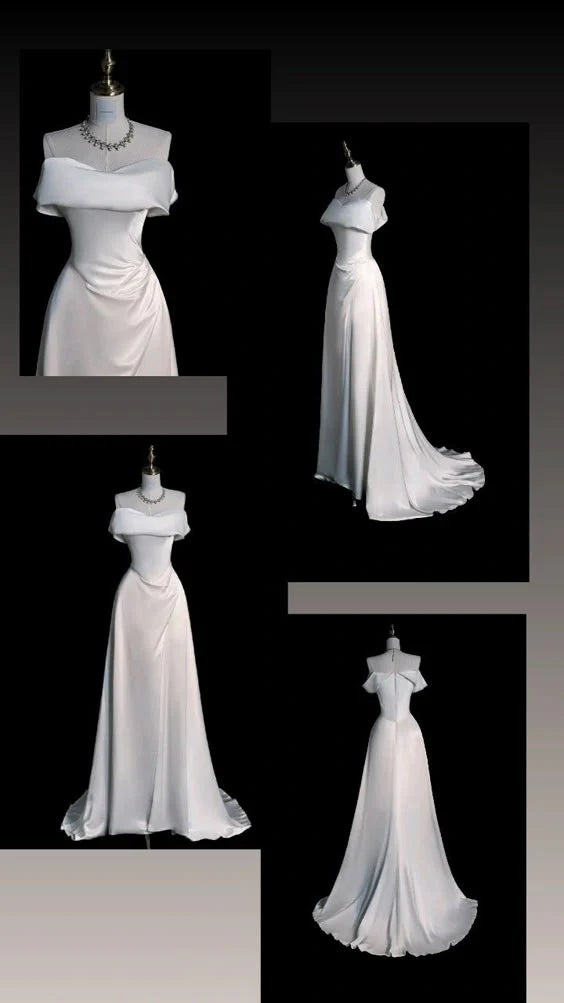 Buyishang Timeless A-Line Off Shoulder Satin Long Wedding Dresses With Ruffles dress for wedding