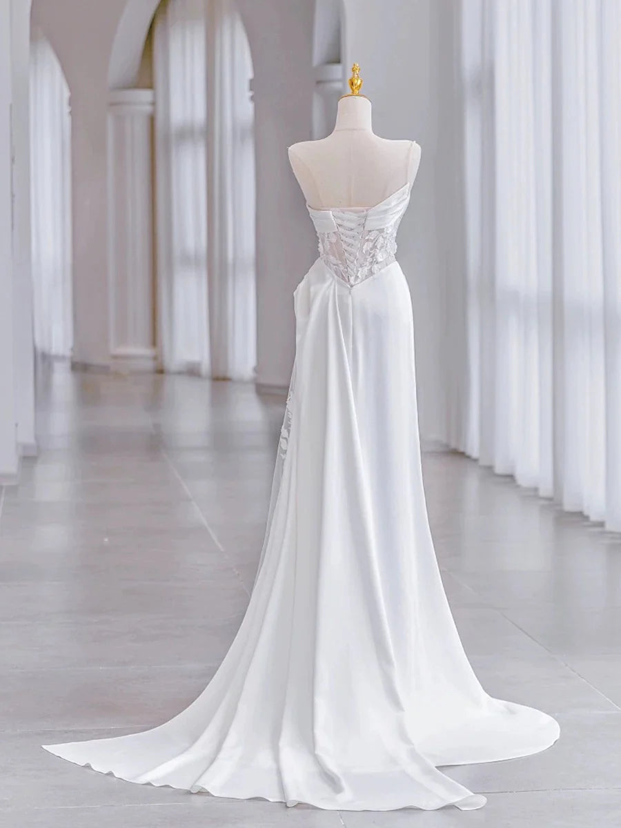 Buyishang Chic Sheath Strapless Sleeveless White Satin Wedding Dresses With Ruffles dress for wedding