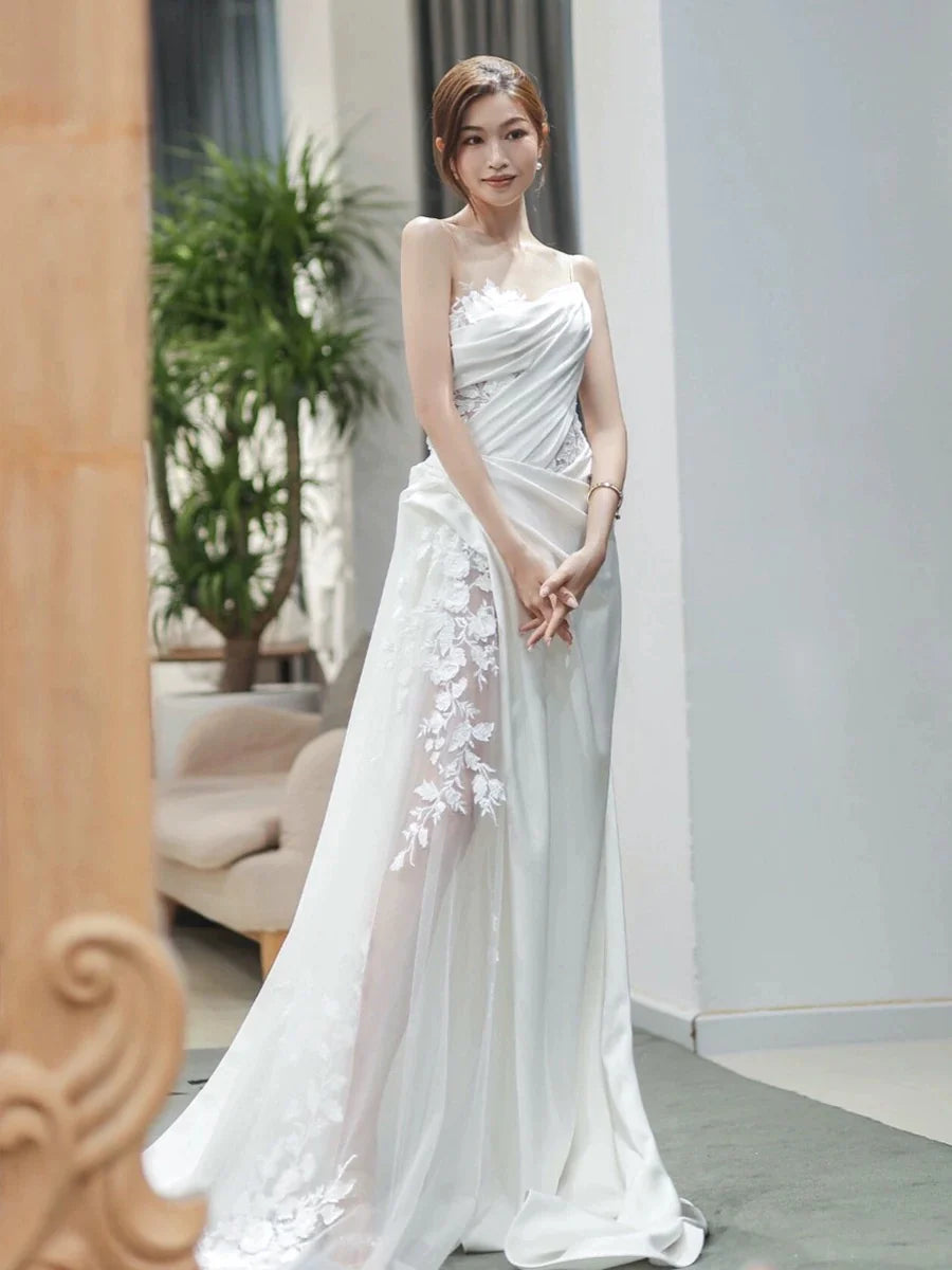Buyishang Chic Sheath Strapless Sleeveless White Satin Wedding Dresses With Ruffles dress for wedding