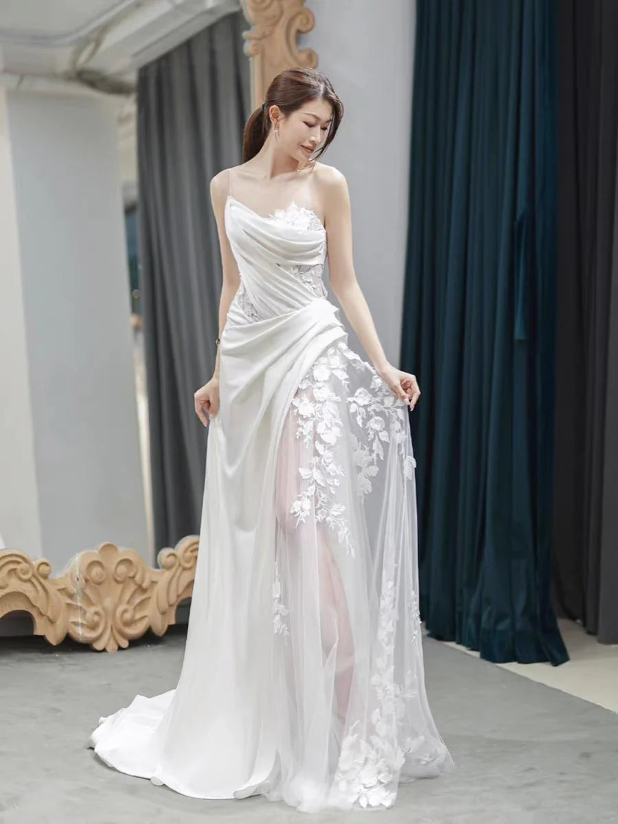 Buyishang Chic Sheath Strapless Sleeveless White Satin Wedding Dresses With Ruffles dress for wedding