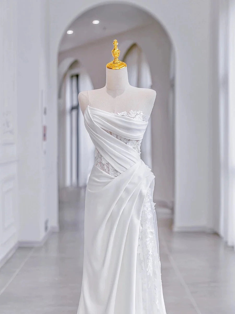 Buyishang Chic Sheath Strapless Sleeveless White Satin Wedding Dresses With Ruffles dress for wedding