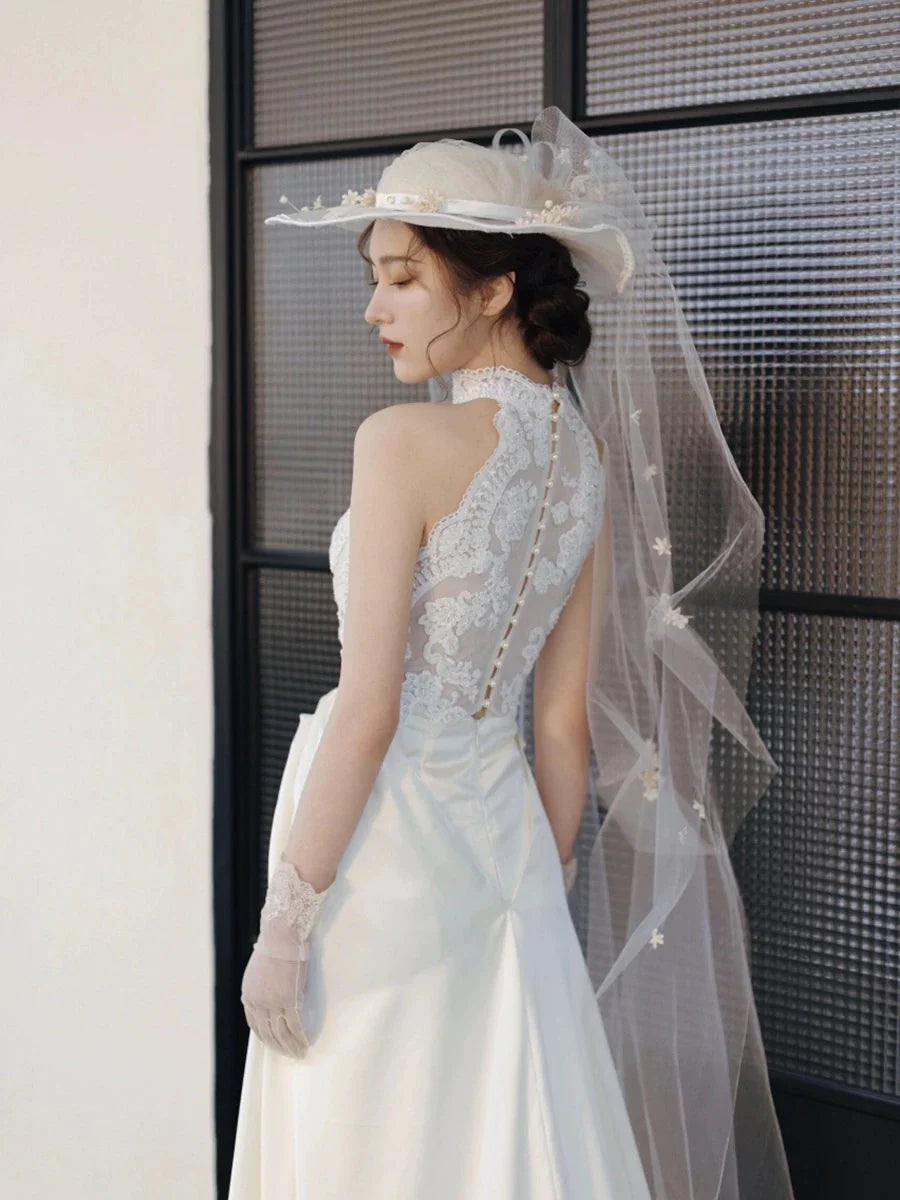 Buyishang Chic A line High Neckline Sleeveless White Satin Wedding Dresses With Ruffles dress for wedding