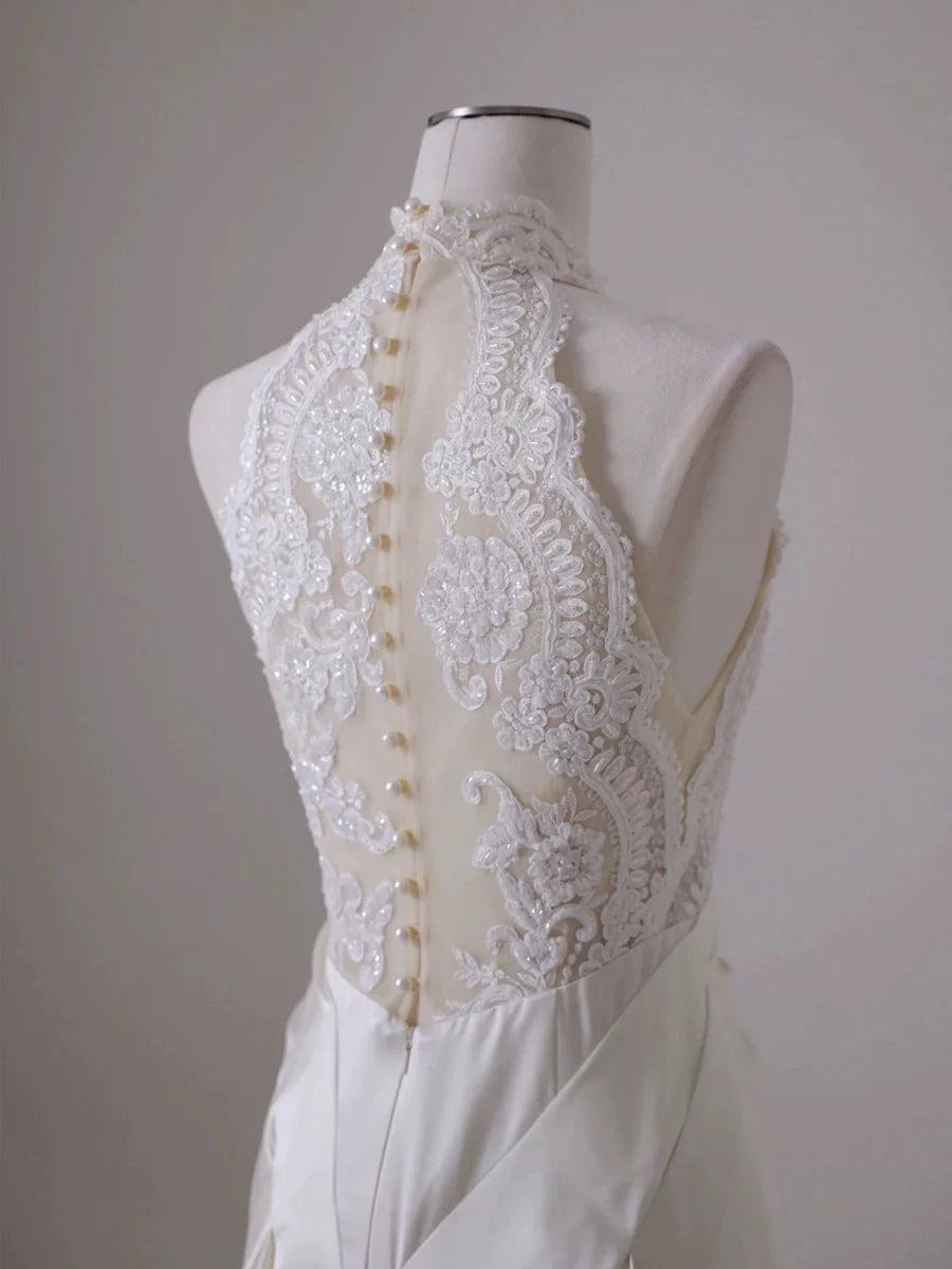 Buyishang Chic A line High Neckline Sleeveless White Satin Wedding Dresses With Ruffles dress for wedding