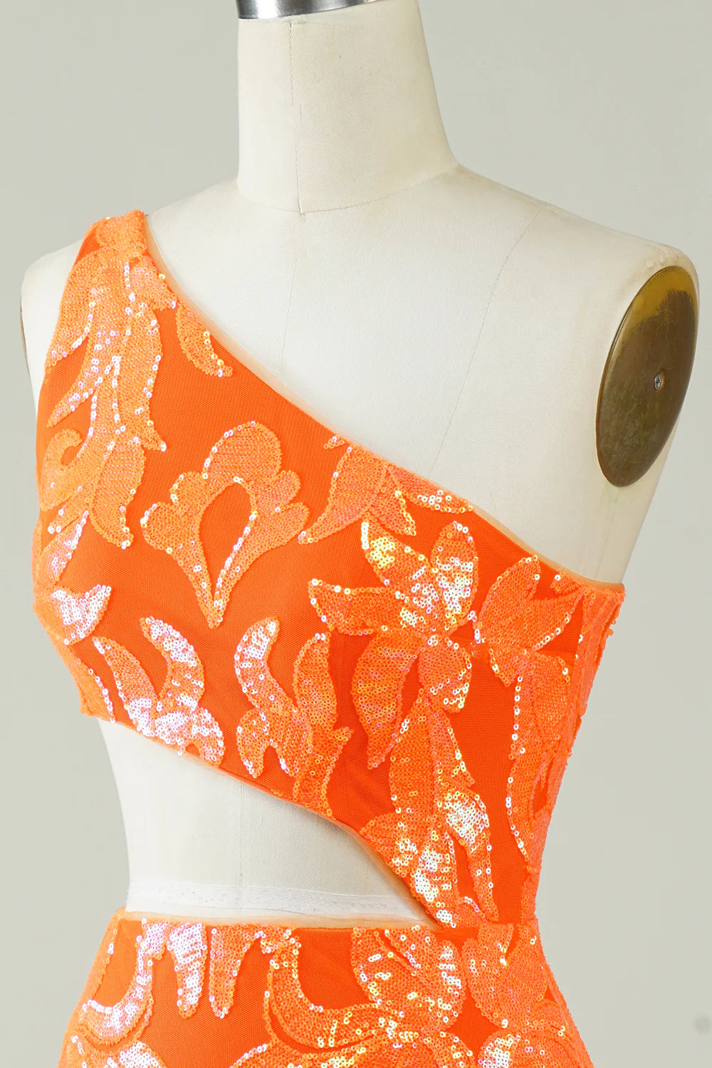 Orange One Shoulder Glitter Homecoming Dress with Hollow-out