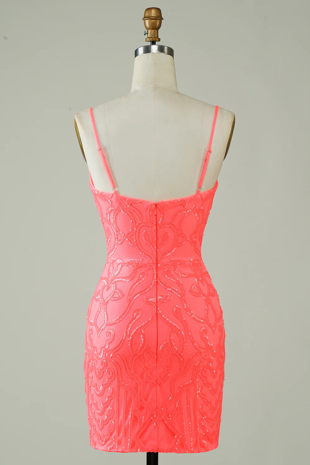 Spaghetti Straps Peach Glitter Tight Homecoming Dress