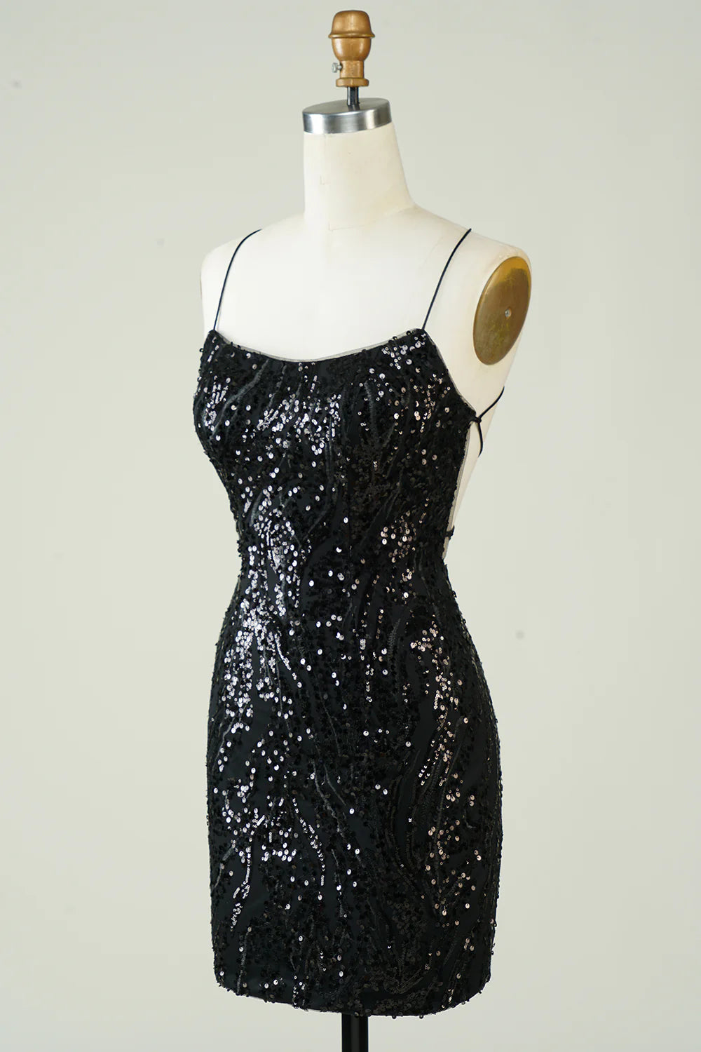 Black Sequins Spaghetti Straps Tight Homecoming Dress