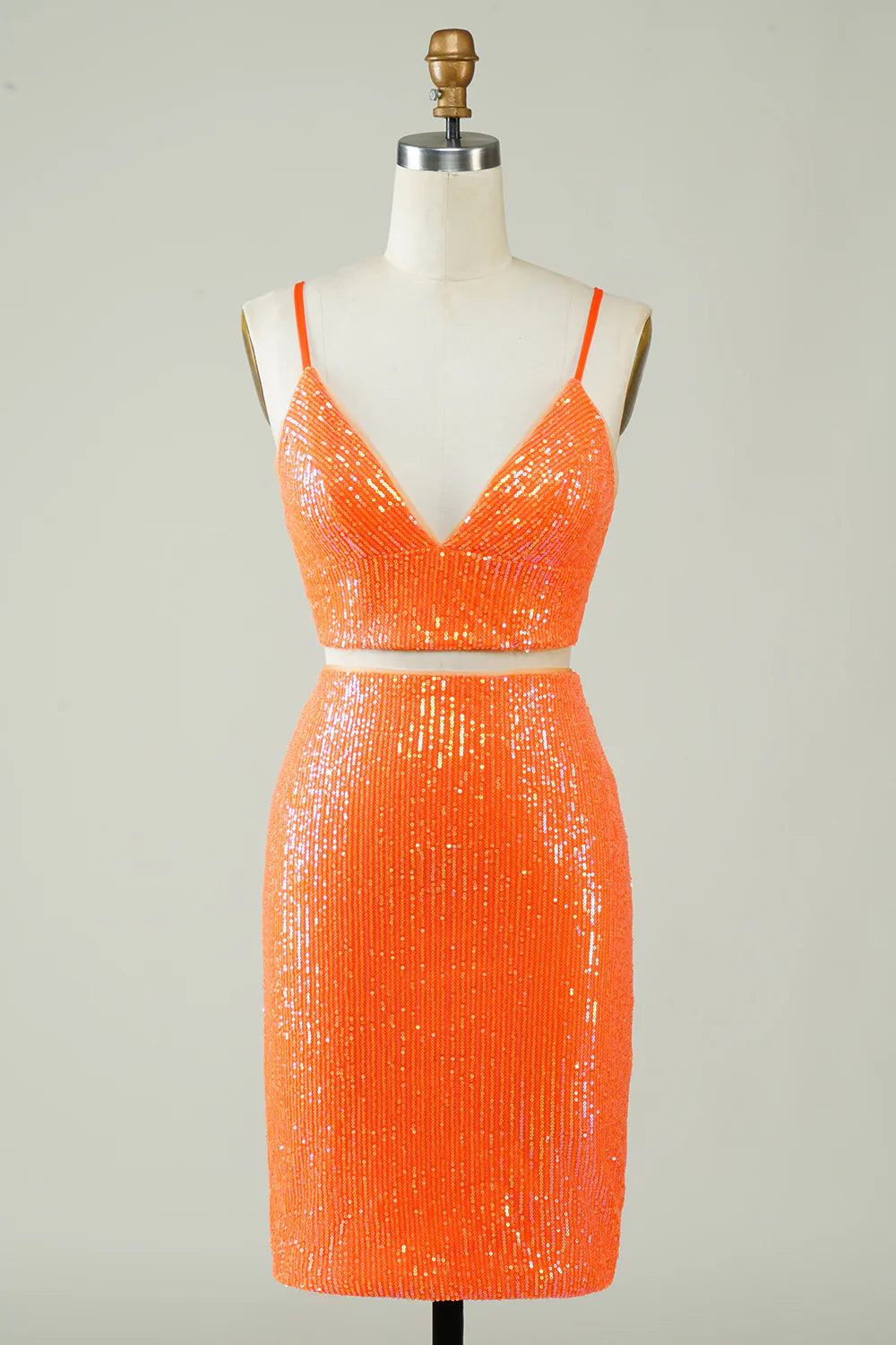 Two Piece Orange Sequins Tight Homecoming Dress