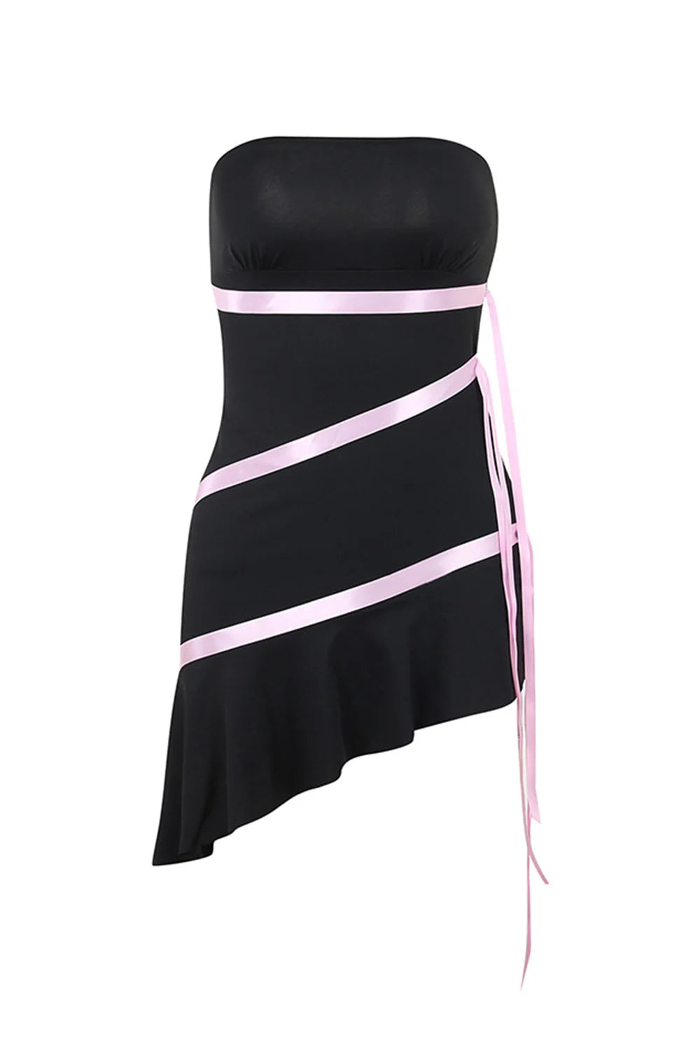 Strapless Asymmetrical Ruffles Pink Cocktail Party Dress