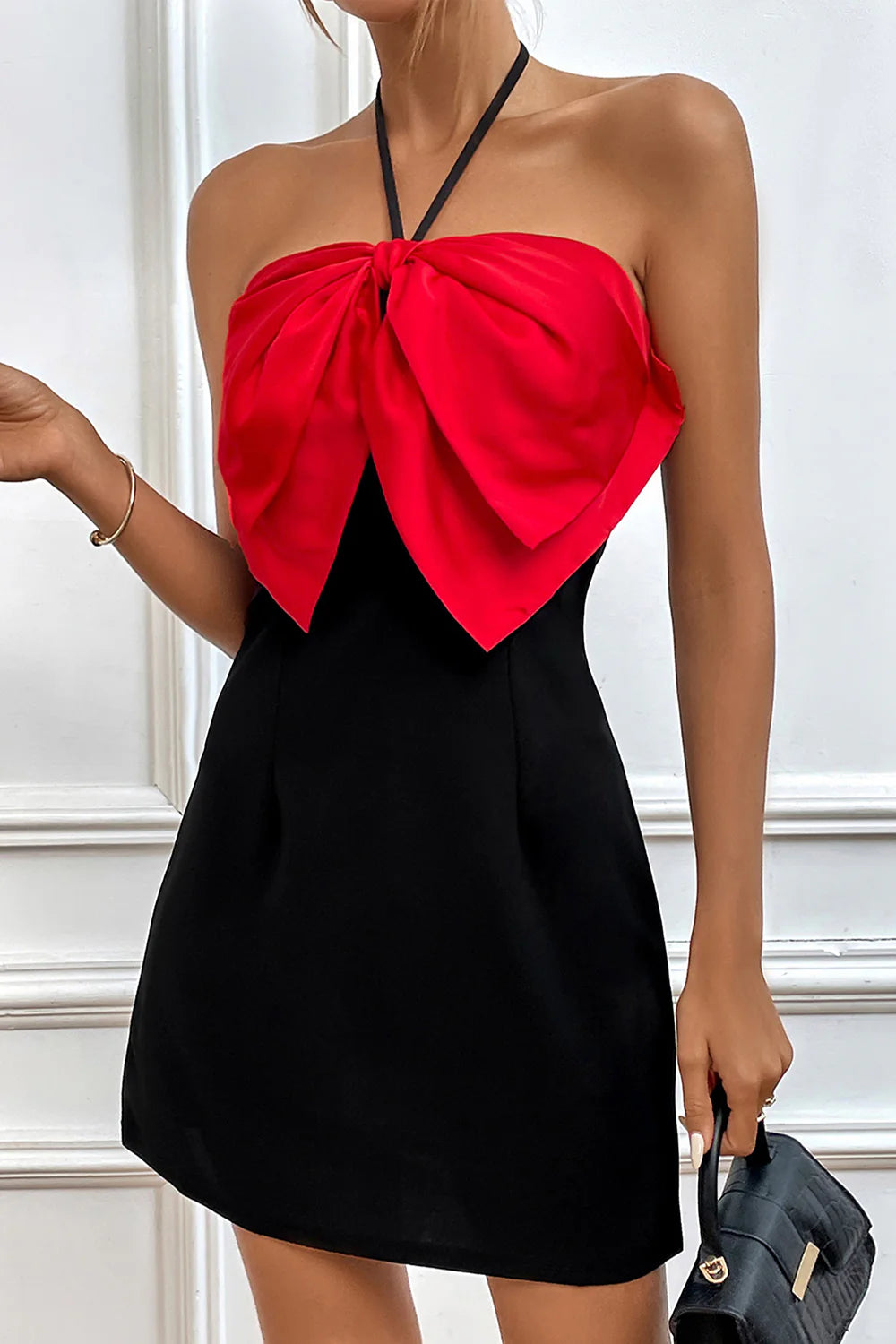 Black Bodycon Contrast Color Halter Neck Strap Bow Banquet Evening Dress