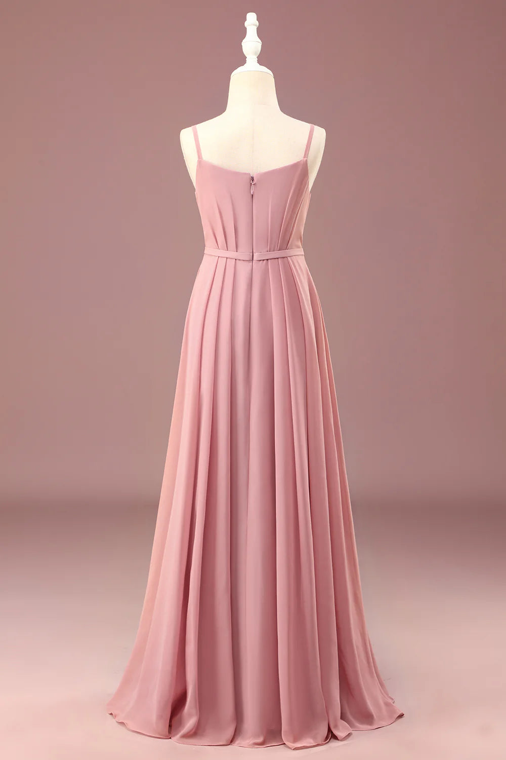 Dusty Rose A-line Chiffon Spaghetti Straps Long Pleated Junior Bridesmaid Dress