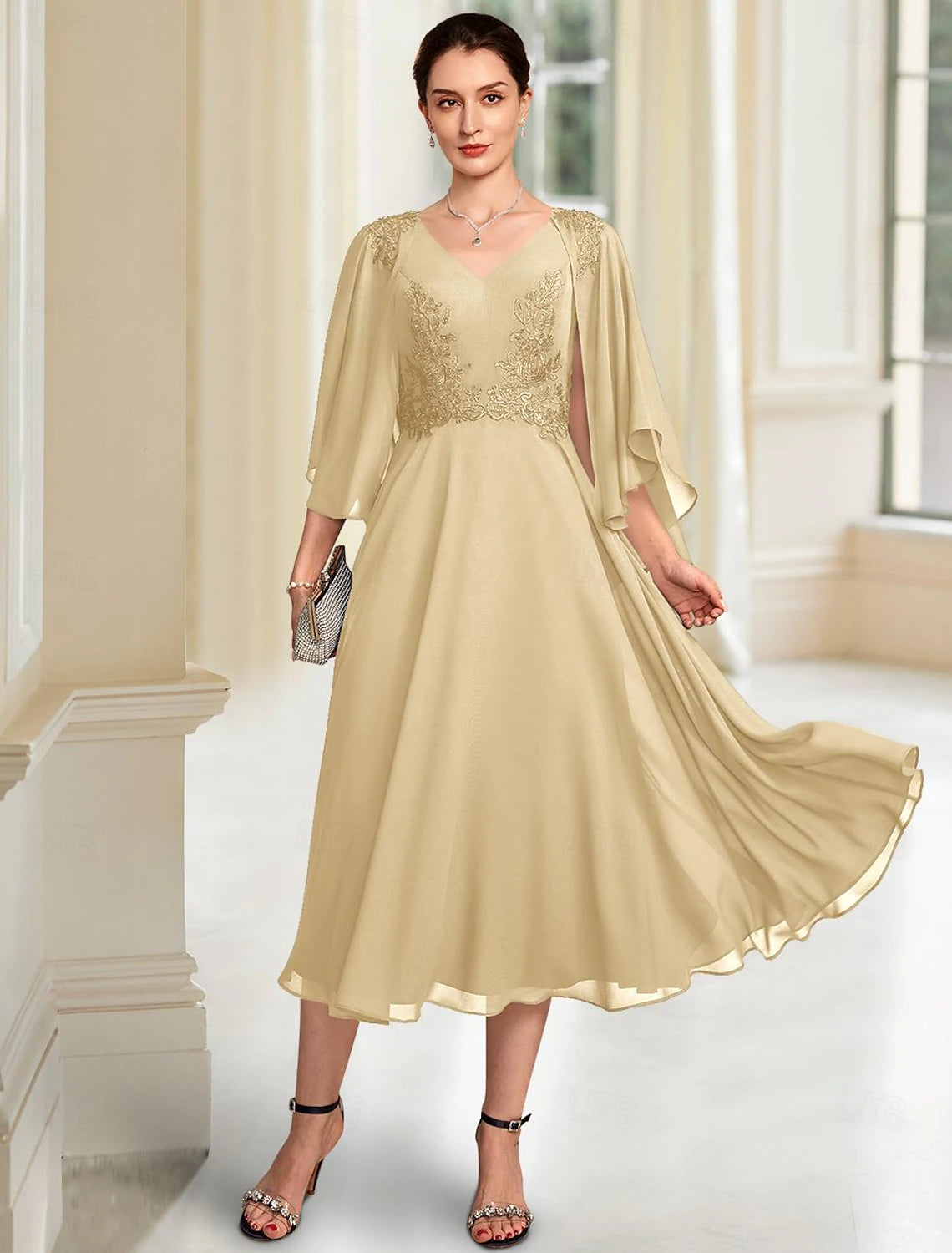 Buyishang A-Line Mother of the Bride Dress Elegant V Neck Tea Length Chiffon 3/4 Length Sleeve with Lace free custom size
