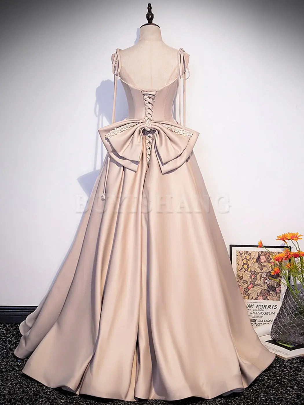 Buyishang Champagne A-Line Satin Long Prom Dress Champagne Evening Dresses prom dresses shops
