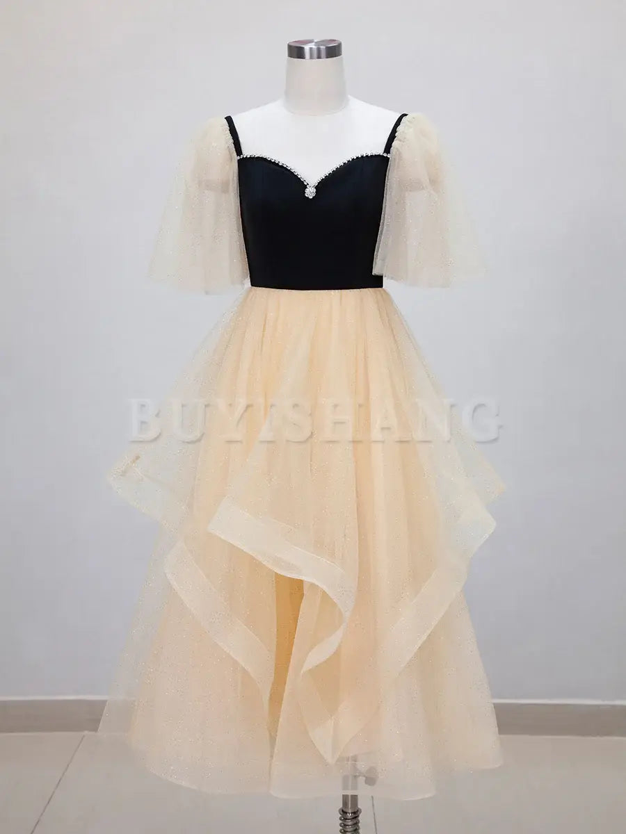 Buyishang Champagne A-Line Tulle Short Prom Dresses Champagne Formal Dress prom dresses shops