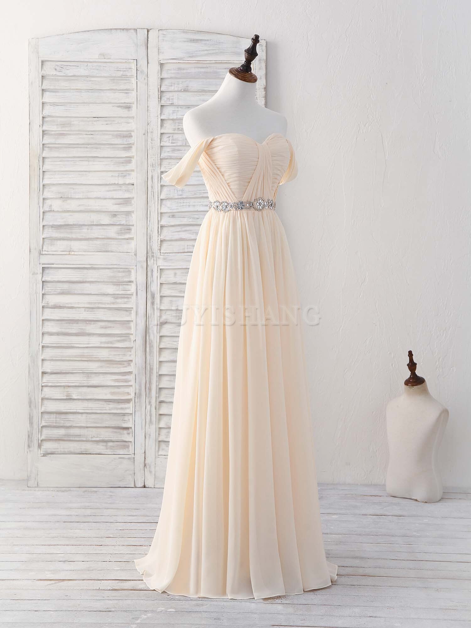 Buyishang Champagne Chiffon Off Shoulder Long Prom Dress Bridesmaid Dress Bridesmaid dress shop