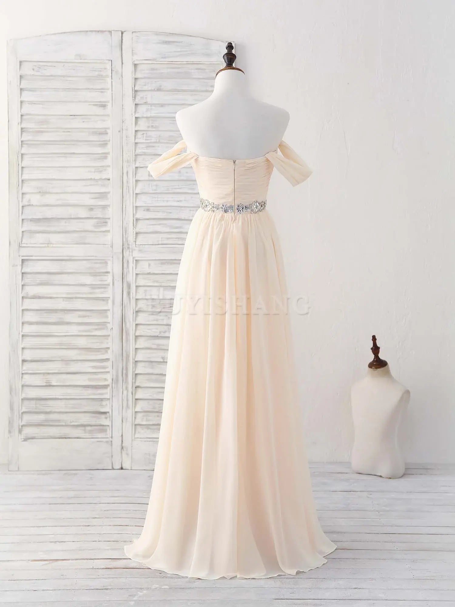 Buyishang Champagne Chiffon Off Shoulder Long Prom Dress Bridesmaid Dress Bridesmaid dress shop