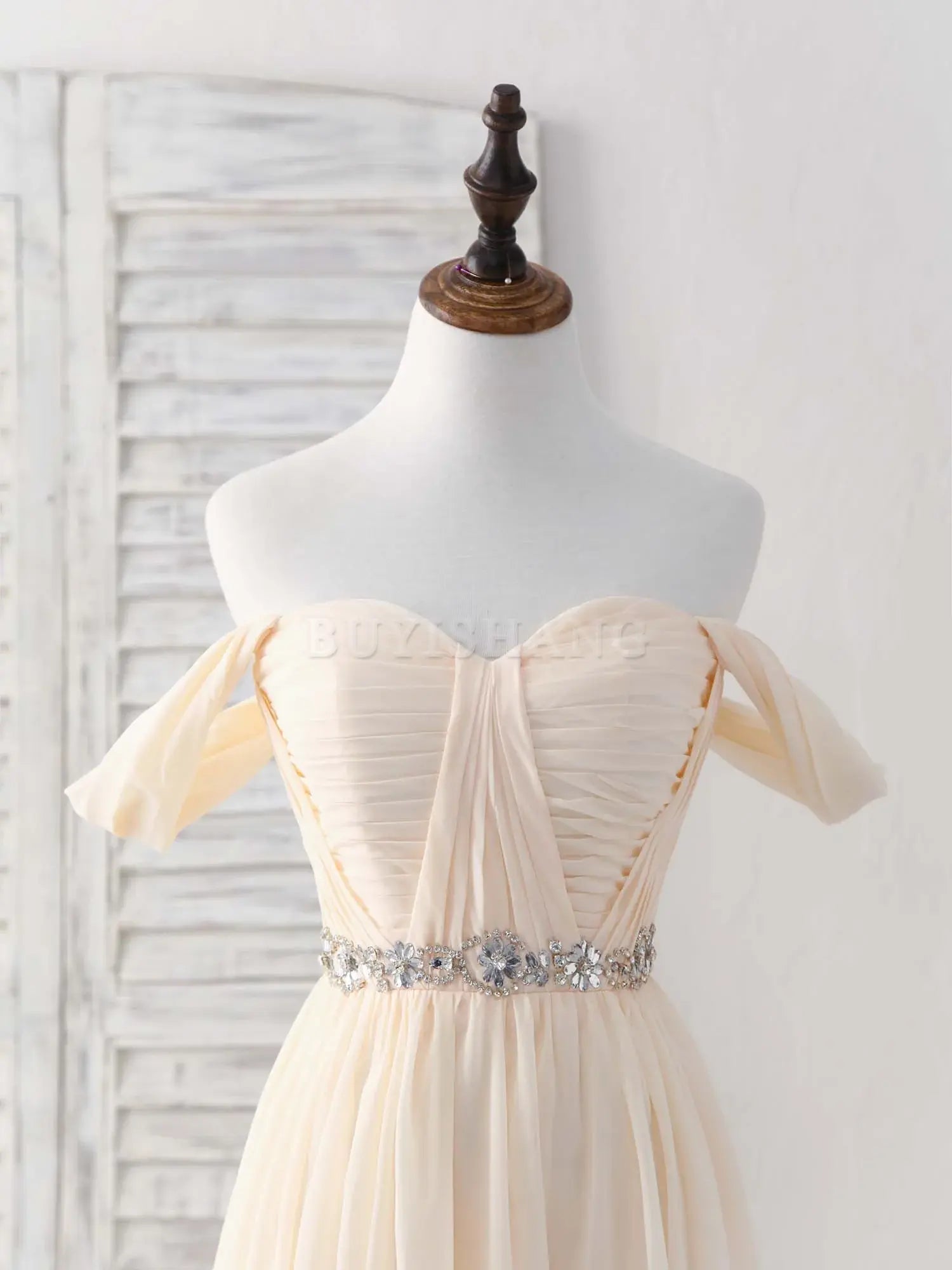 Buyishang Champagne Chiffon Off Shoulder Long Prom Dress Bridesmaid Dress Bridesmaid dress shop