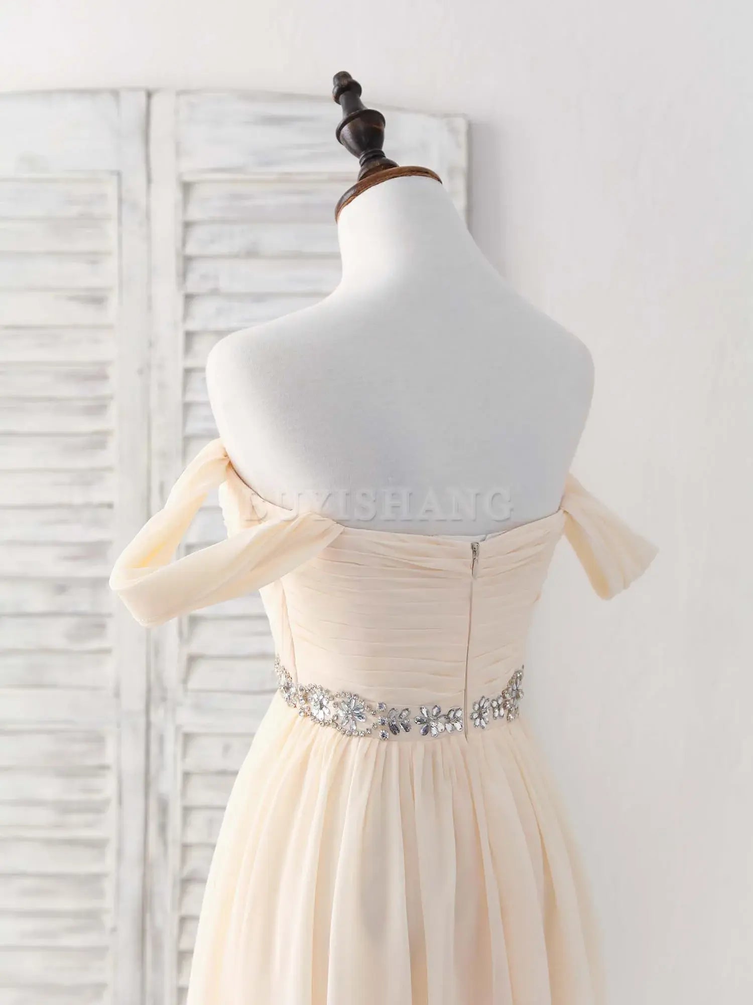 Buyishang Champagne Chiffon Off Shoulder Long Prom Dress Bridesmaid Dress Bridesmaid dress shop
