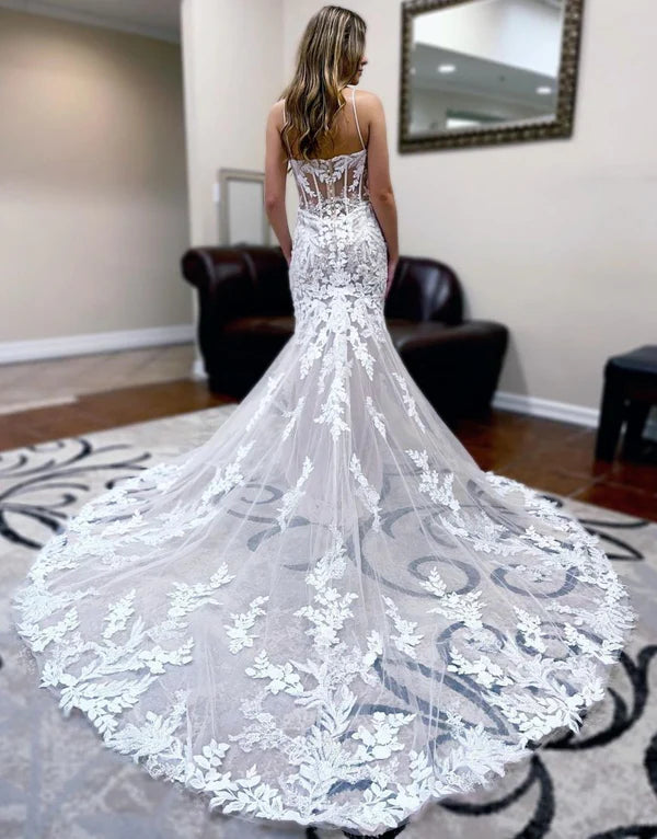 Buyishang Champagne Mermaid Spaghetti Straps Sweep Train Wedding Dress