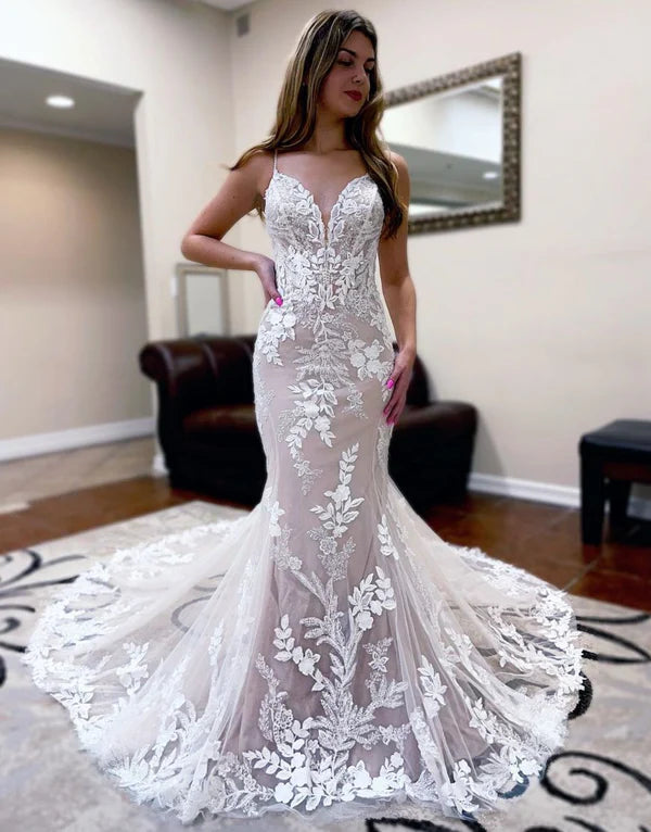 Buyishang Champagne Mermaid Spaghetti Straps Sweep Train Wedding Dress
