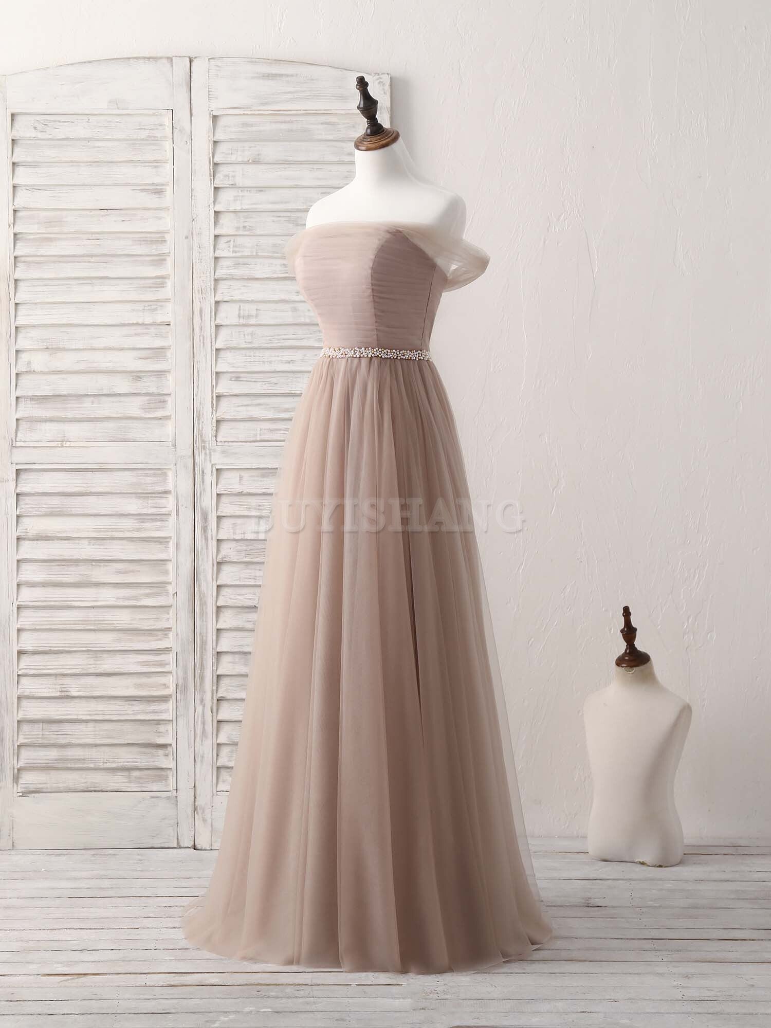 Buyishang Champagne Off Shoulder Tulle Long Prom Dress Champagne Evening Dress Bridesmaid dress shop