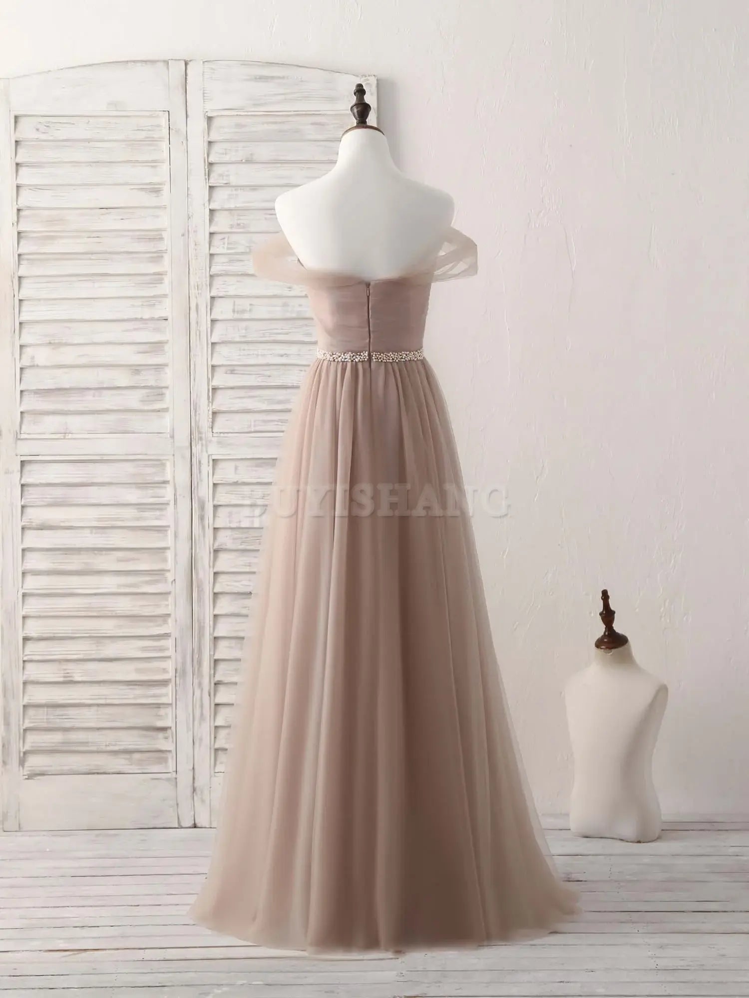 Buyishang Champagne Off Shoulder Tulle Long Prom Dress Champagne Evening Dress Bridesmaid dress shop